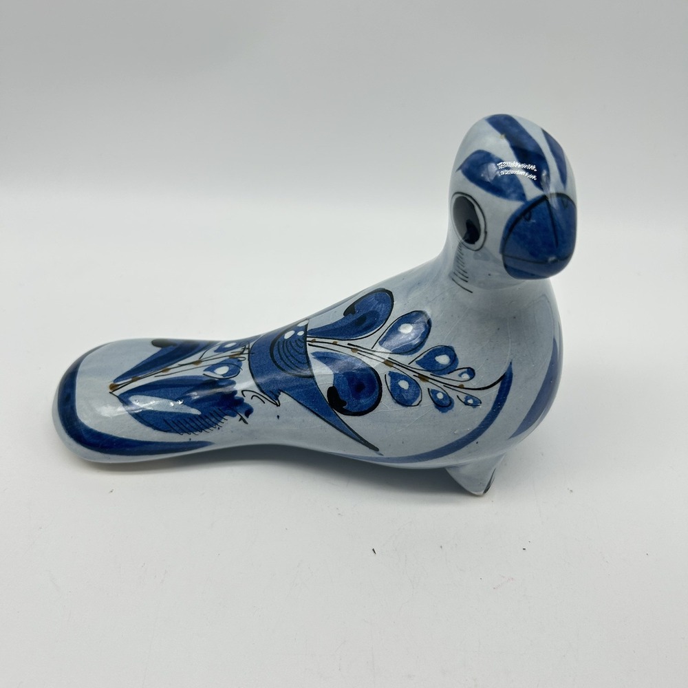 Vintage Tonala Bird Blue Mexican Pottery Folk Art Hand Painted 7" Boho Decor